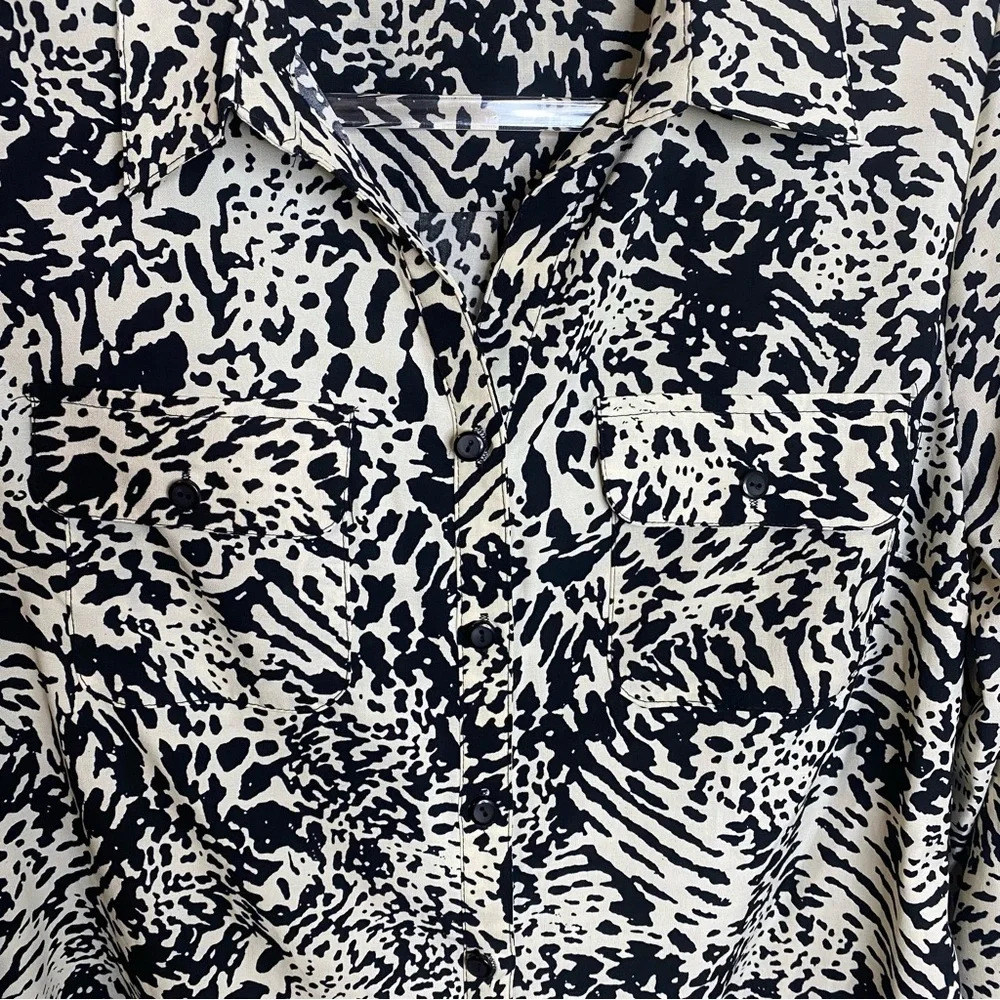 Notations Long Sleeve Collared Button Down Animal Print Black & Beige Bl⦠- Picture 7 of 7